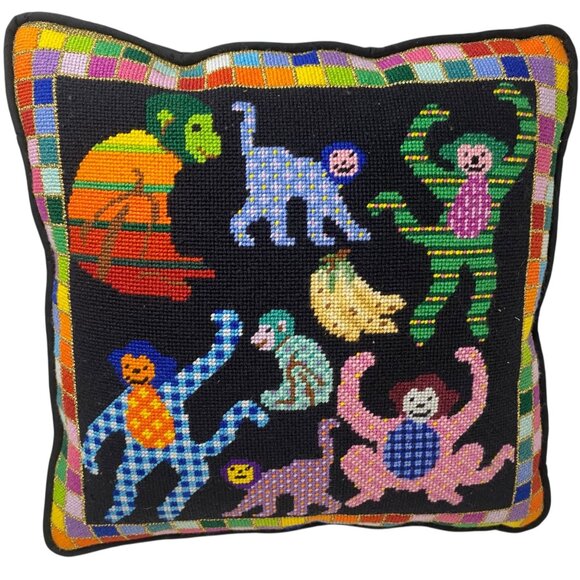 Rainbow Needlepoint Monkey Throw Pillow 12x12 Black Silk Backing Retro - Picture 1 of 9